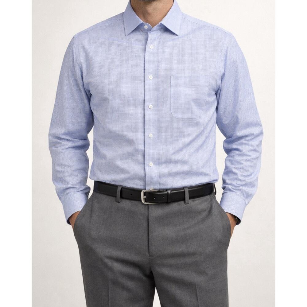 Jos. A. Bank Traveler Tailored Fit Dress Shirt Blue Check Cotton 17-33